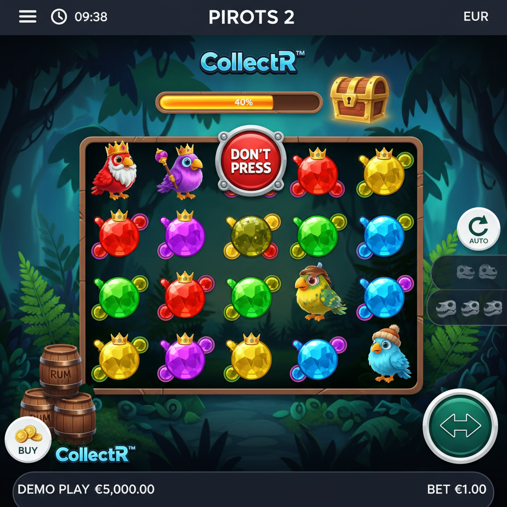 PIROTS 2 slot spel screenshot met vier kleurrijke verzamelende vogels op 6x6 grid, amber symbolen met upgrade levels, gouden schatkist, DON'T PRESS rode knop, jungle achtergrond met dinosaurussen en prehistorische thema