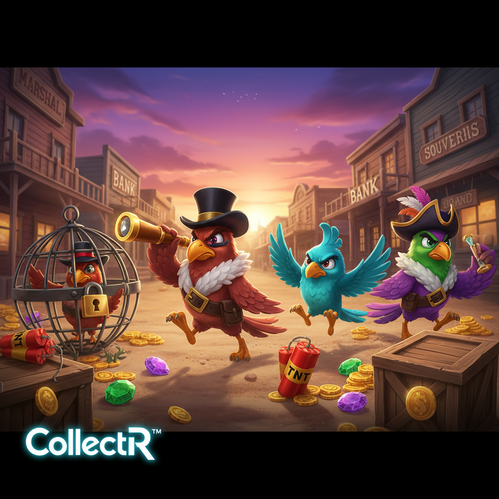PIROTS 3 slot spel: vier kleurrijke vogel piraten personages met hoeden en wapens, TNT kratten met rode dynamiet, Western stad gebouwen bij zonsondergang, gouden munten en edelstenen, metalen kooi met bandiet vogel, CollectR game