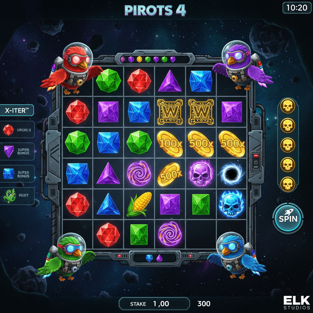 Pirots 4 slot game met vier collector birds in ruimtepakken (rood, paars, groen, blauw) op metallic space station grid met cosmic achtergrond en edelstenen symbolen