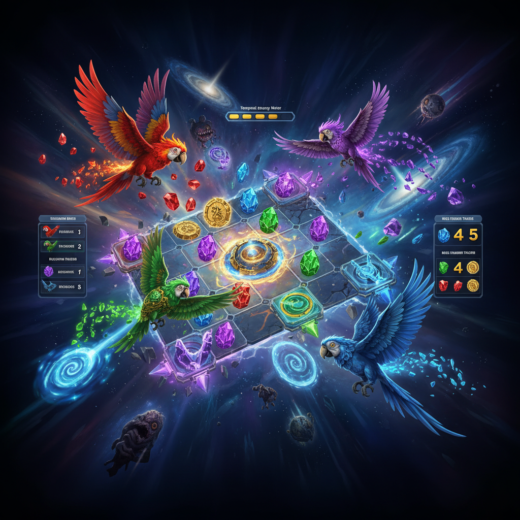 Pirots 5 The Rift of Eternity slot game met vier chrono vogels (rood, paars, groen, blauw) in een dimensionale rift met kristallen, portalen en kosmische achtergrond
