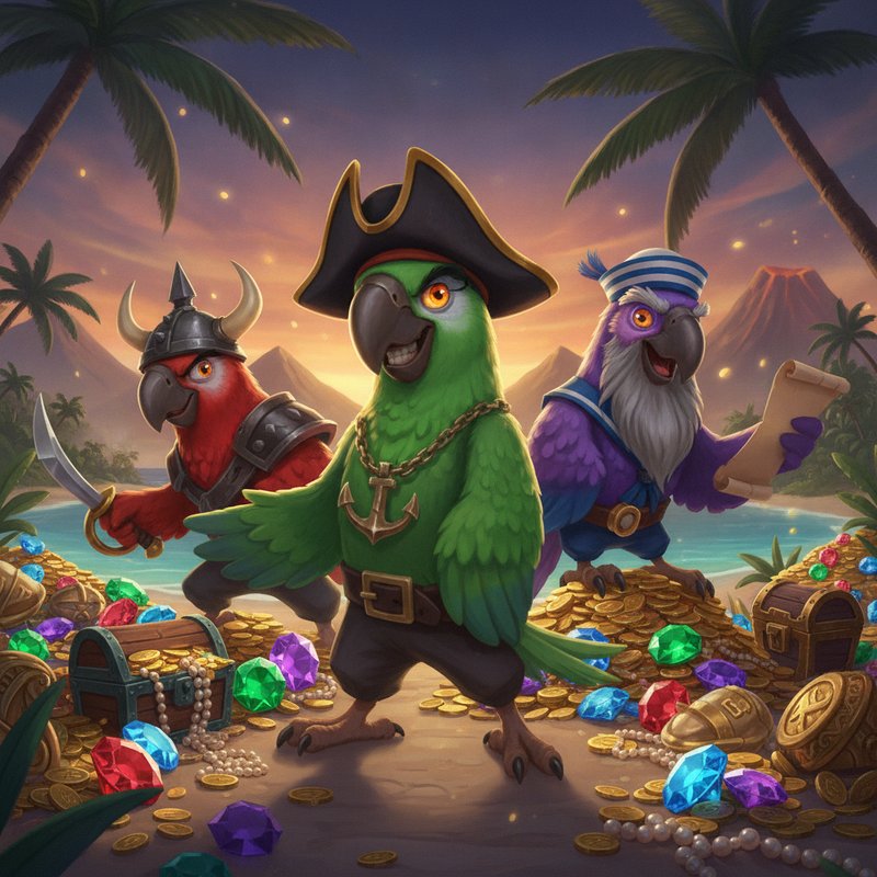 Pirots slot game met vier kleurrijke papegaaien-piraten personages: groene kapitein met anker medaillon, rode krijger met helm, paarse wijze met baard, en blauwe zeeman met matrozenhoed, omringd door kristallen edelstenen en gouden schatten op tropisch eiland