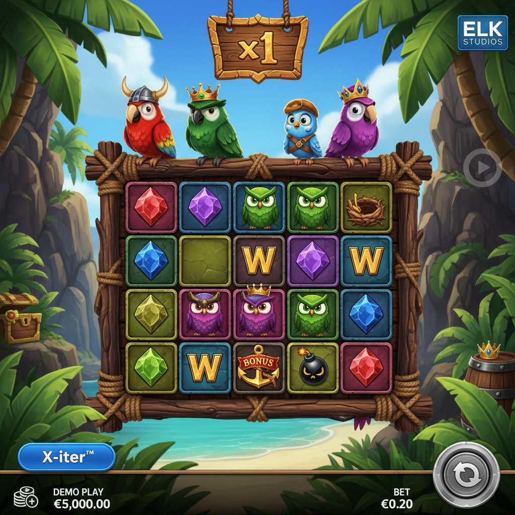 Pirots X slot game met vier cartoon piratenpapegaaien (rood, paars, groen, blauw) met gouden helmen en kronen, tropisch eiland achtergrond met houten frame, gouden ankers en schatkisten, ELK Studios