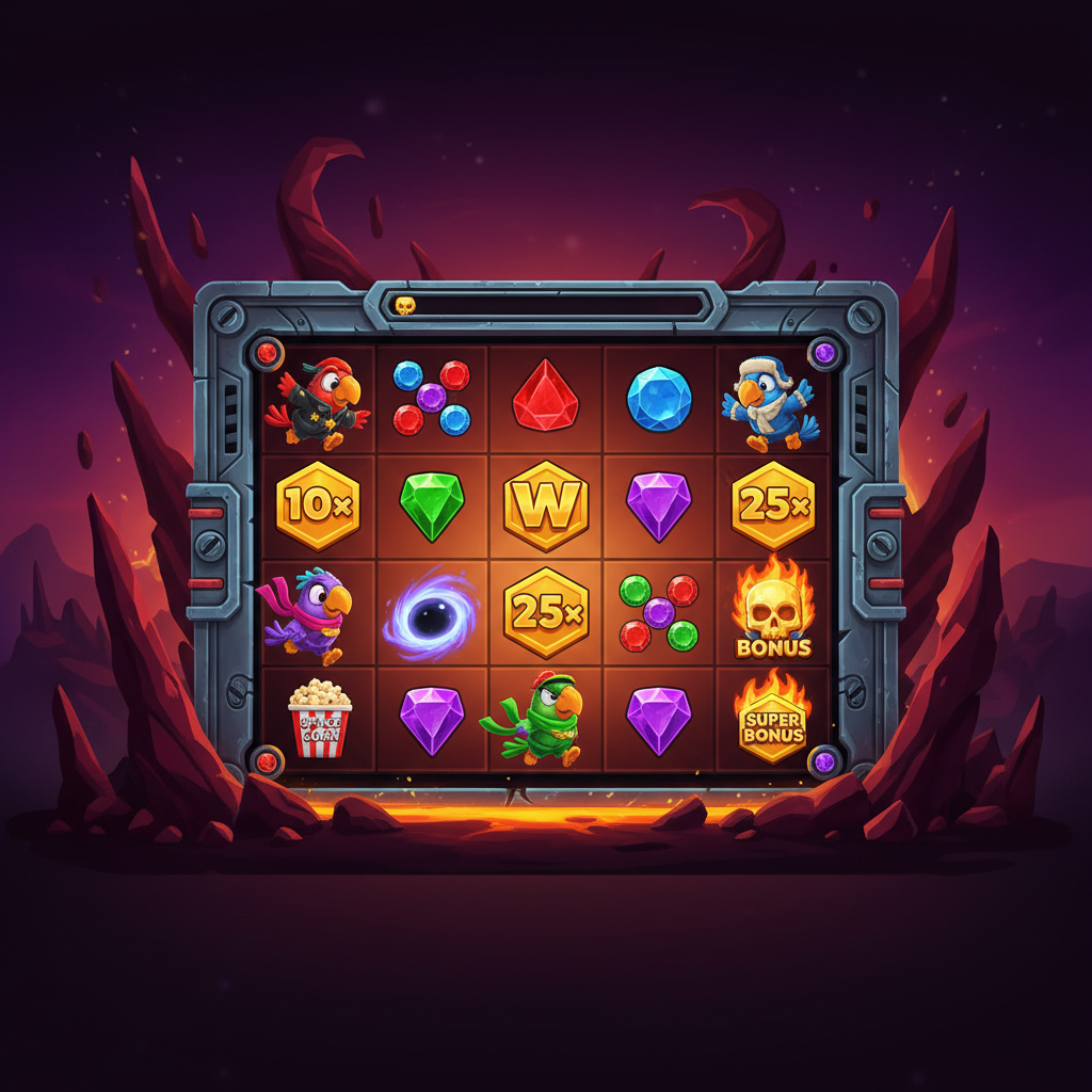 Pirots 4 CollectR slot game toont vier kleurrijke papegaai-piraten (rood, groen, blauw, paars) die edelstenen verzamelen op een industrieel ruimtestation raster met hoekbommen, gouden schedel bonus symbolen en een vurige alien planeet achtergrond